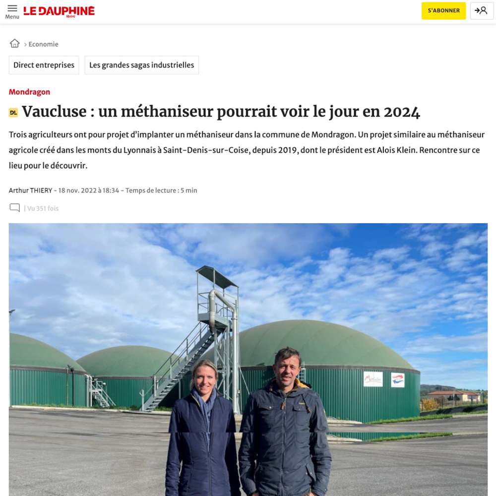 Le Dauphiné Libéré : Vaucluse - un méthaniseur pourrait voir le jour en 2024